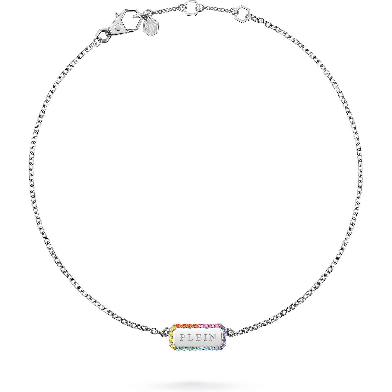 Philipp Plein Halsschmuck aus recyceltem Edelstahl mit bunten Steinen und Karabinerverschluss.