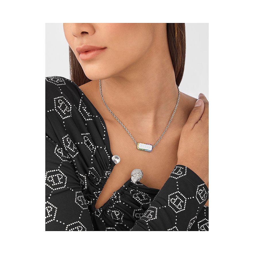 Philipp Plein Halsschmuck aus recyceltem Edelstahl mit bunten Steinen.