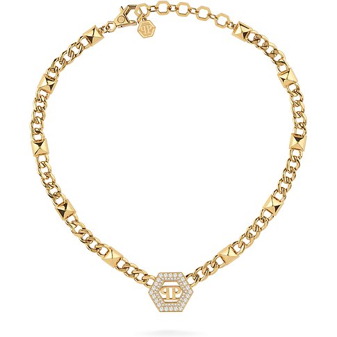 Philipp Plein Halskette aus recyceltem Edelstahl, goldfarben, mit Steinen.
