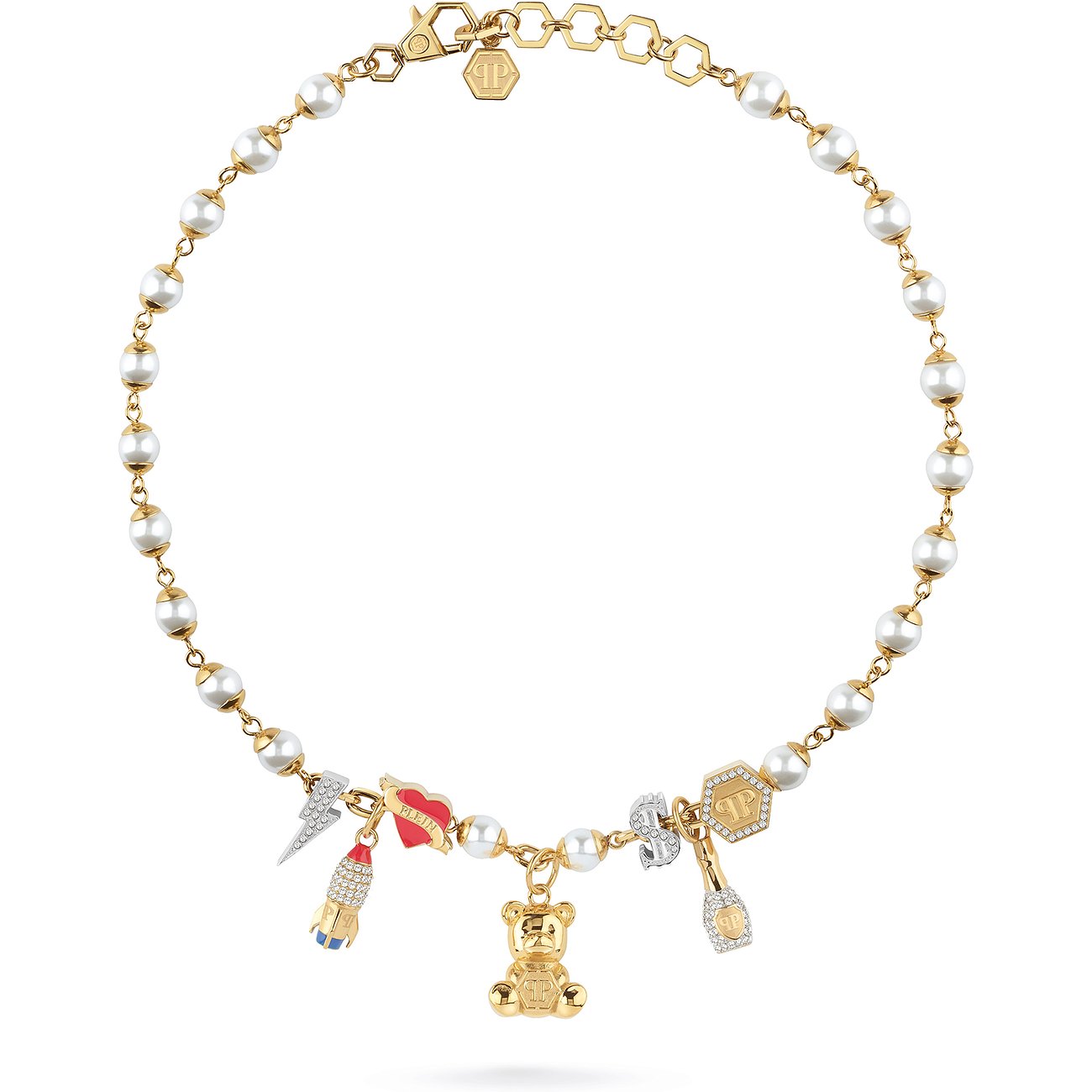 Philipp Plein halsband i rostfritt stål, med pärlor och hängen.