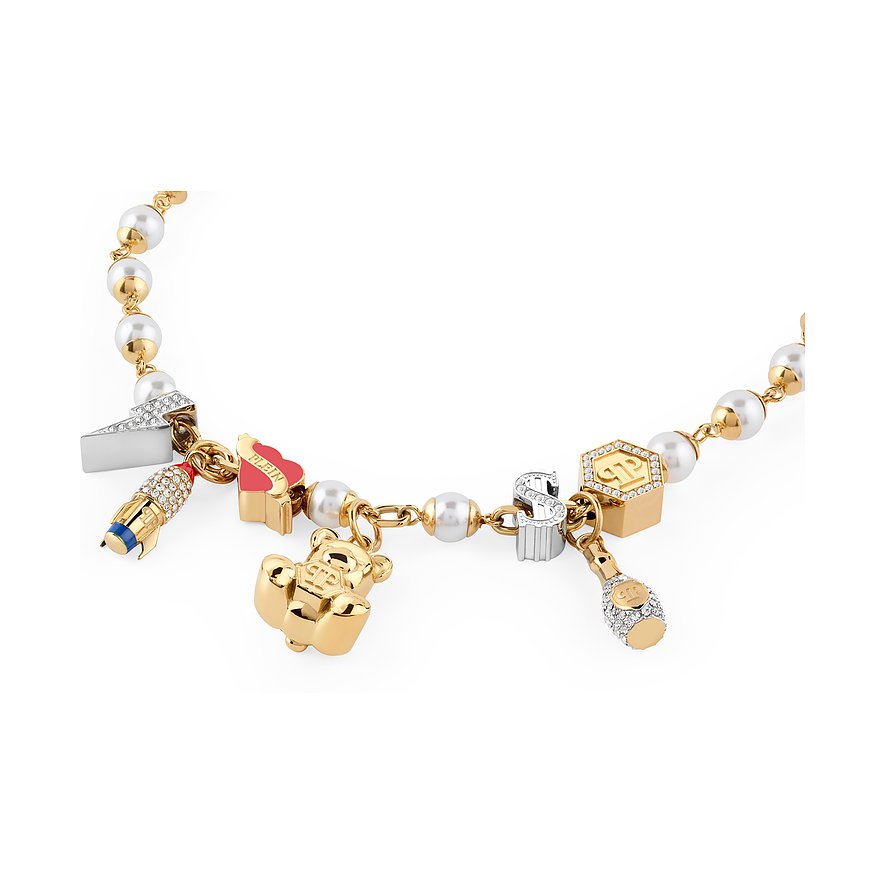 Philipp Plein halsband av återvunnet rostfritt stål med pärlor och berlocker.