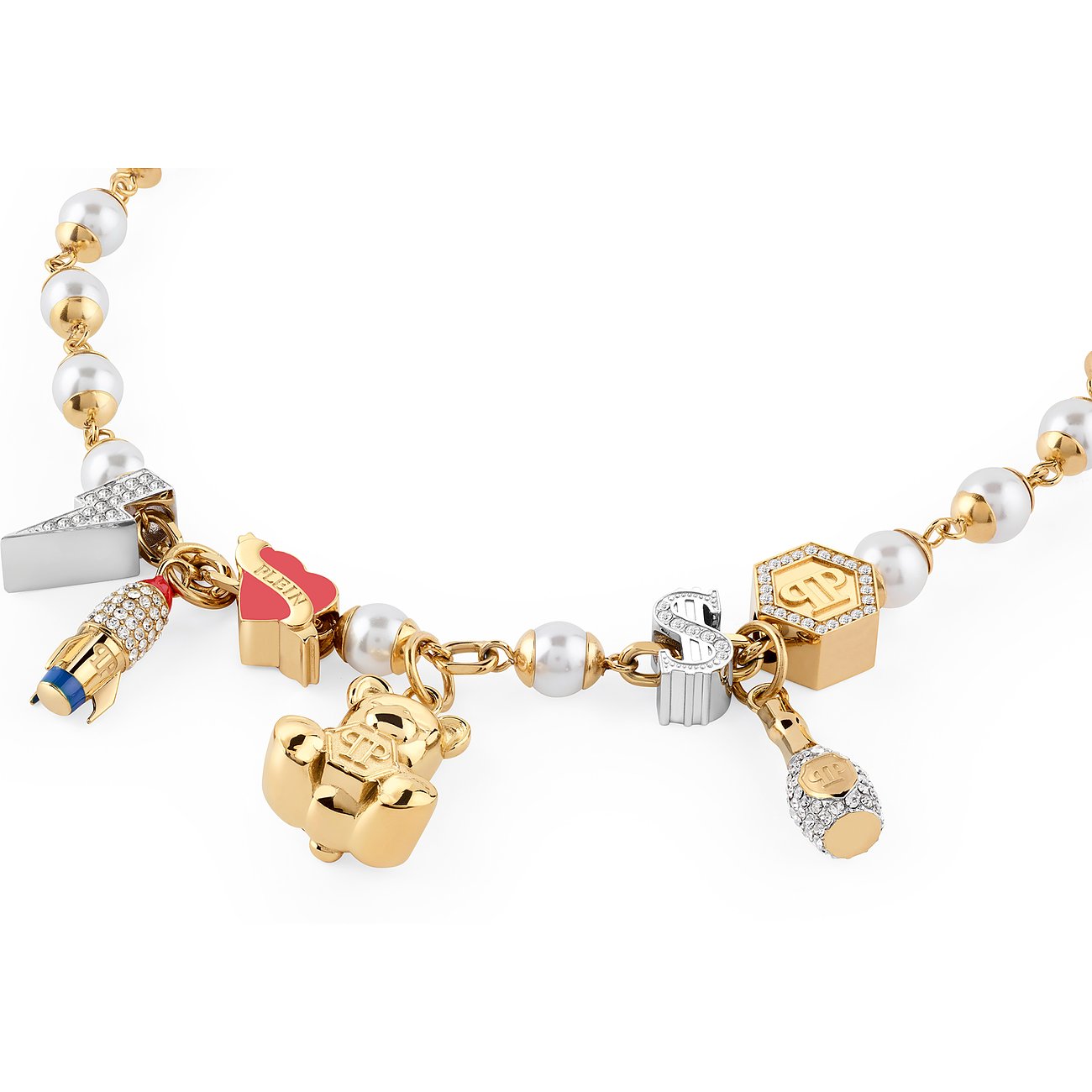 Philipp Plein halsband av återvunnet rostfritt stål med pärlor och berlocker.