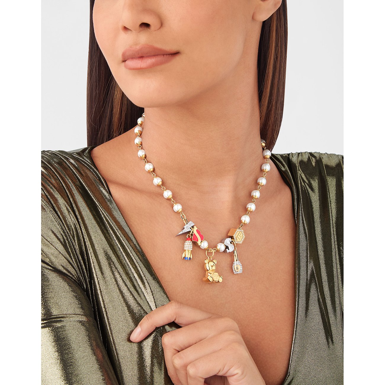 Philipp Plein halsband i återvunnet rostfritt stål med färgglada hängen och pärlor.