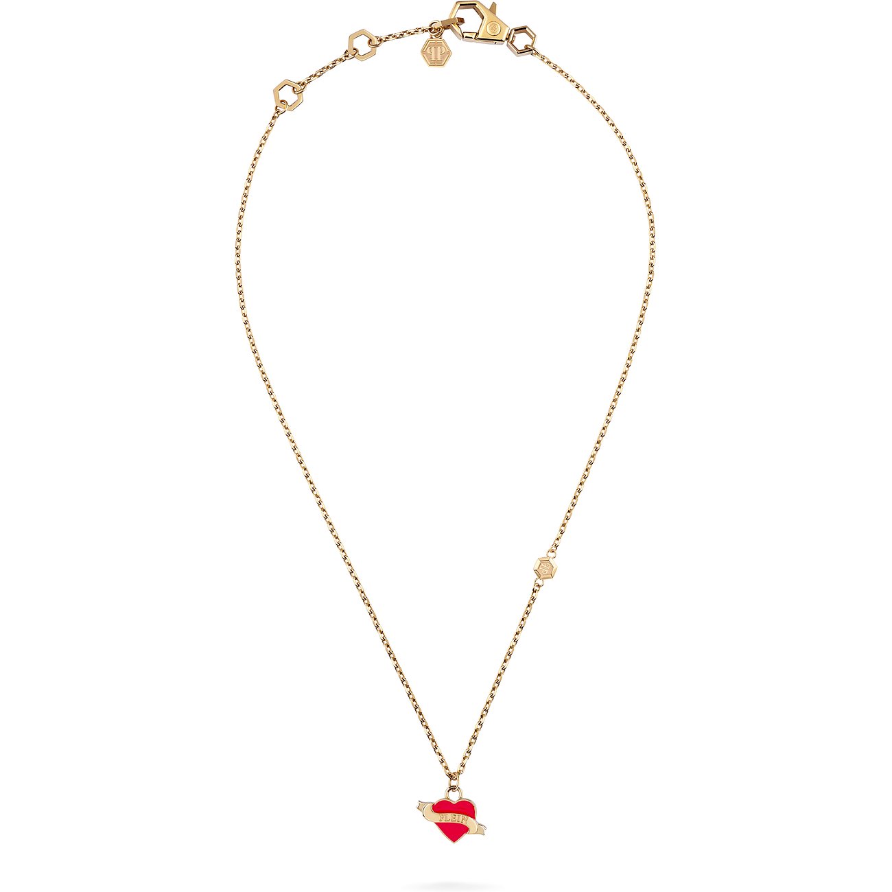 Philipp Plein halsband i återvunnet rostfritt stål med hjärthänge och inskription.