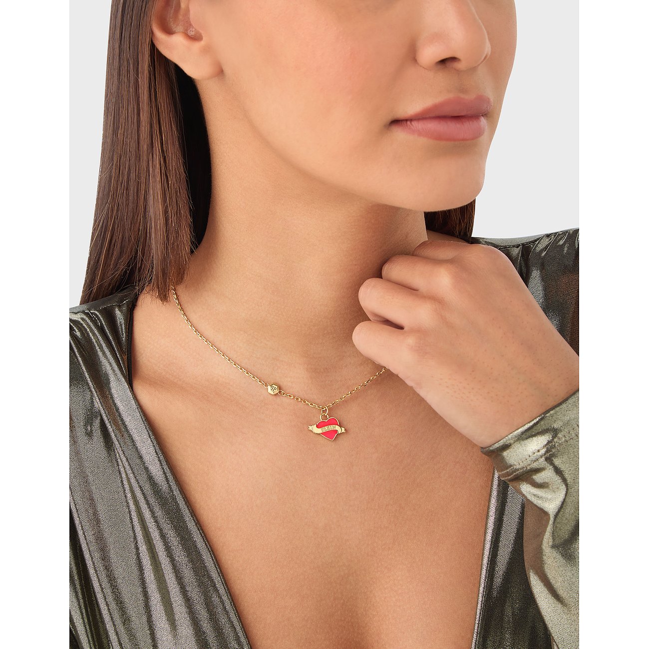 Philipp Plein halsband i återvunnet rostfritt stål med rött hjärthänge.