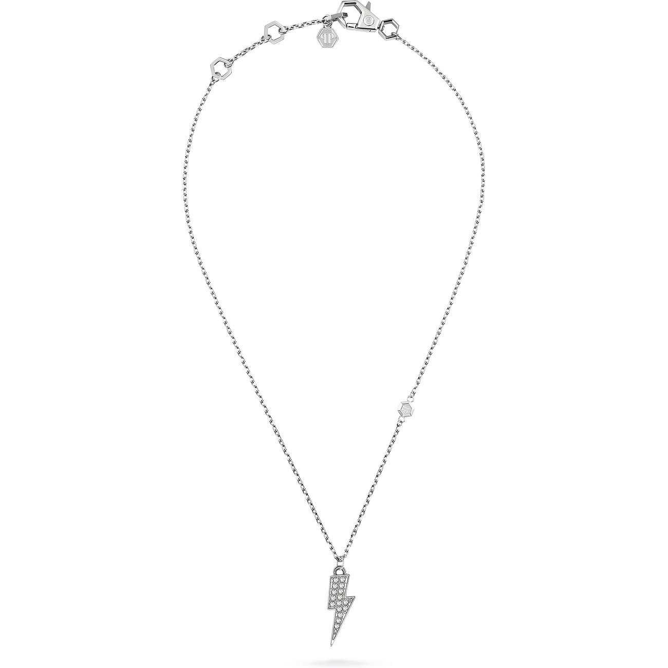 Philipp Plein Halsschmuck aus Edelstahl mit Blitz-Anhänger und Steinen.