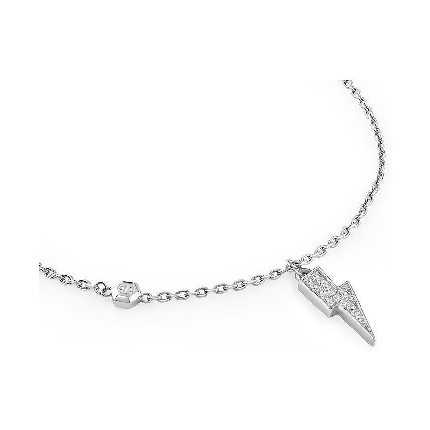 Philipp Plein Halskette aus Edelstahl, mit Blitz-Anhänger und Steinen.