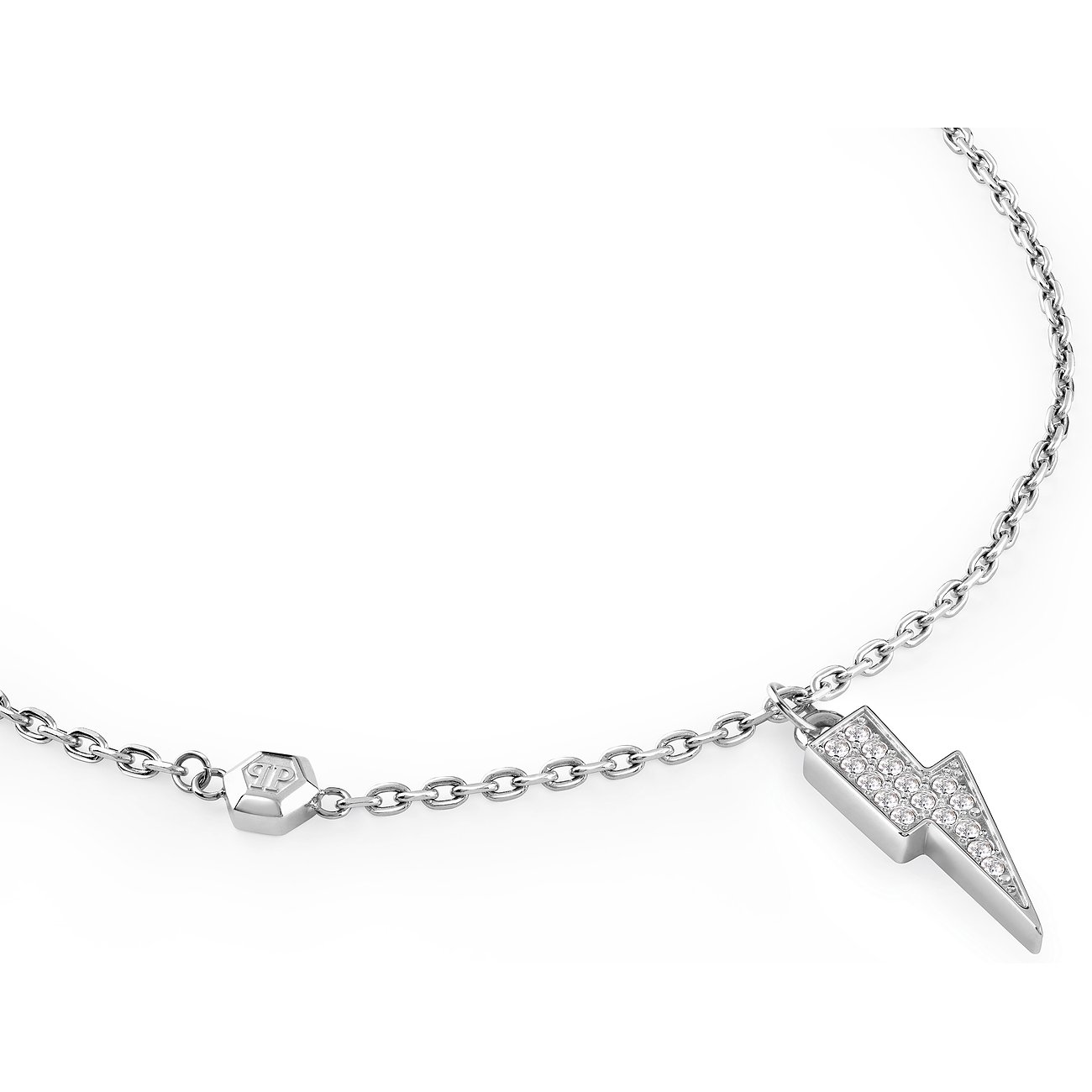 Philipp Plein Halskette aus Edelstahl, mit Blitz-Anhänger und Steinen.