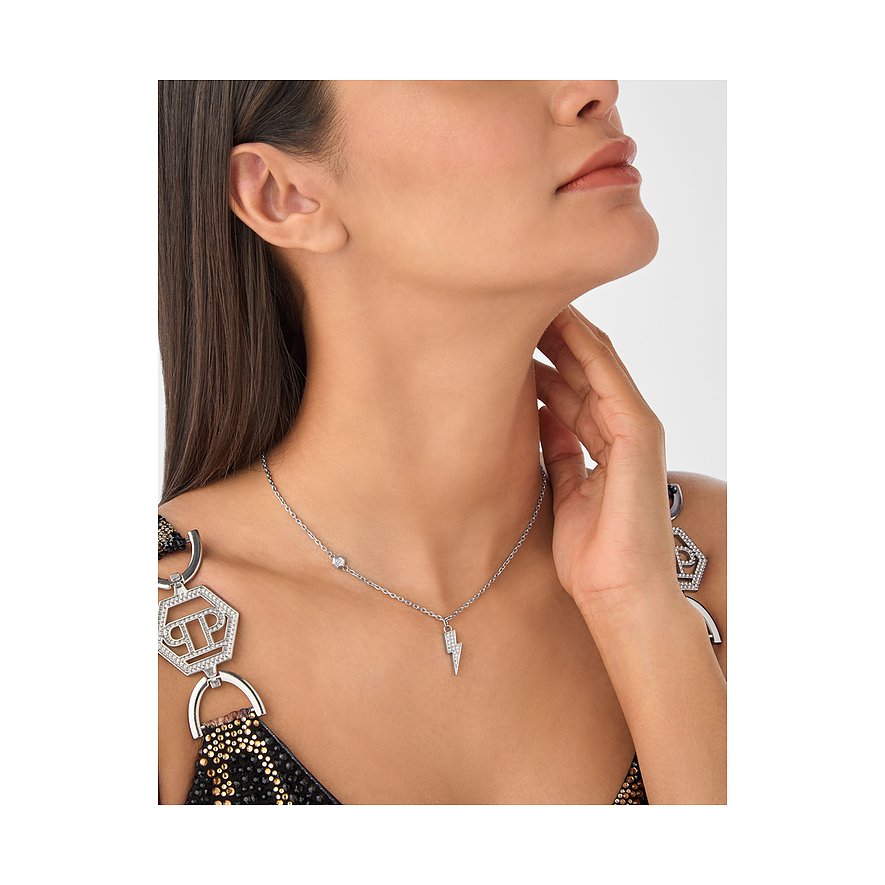 Philipp Plein Halsschmuck aus recyceltem Edelstahl mit Blitzanhänger und Steinen.