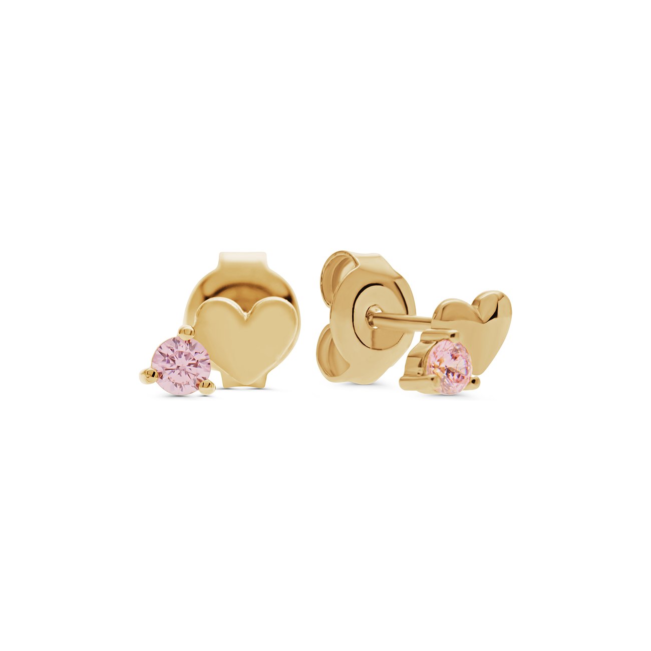 FAVS Ohrstecker aus 375er Gelbgold mit Herz-Motiv und pinkem Zirkonia-Stein von vorne und hinten seitlich.