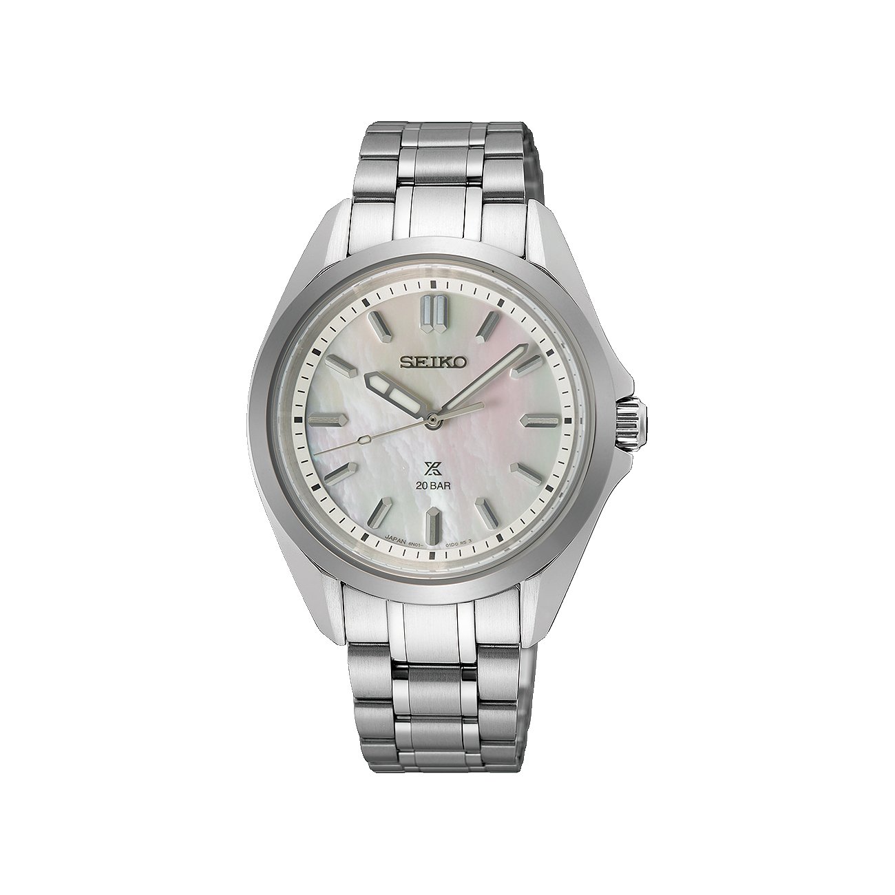 Seiko Damenuhr aus Edelstahl mit Perlmuttzifferblatt und silberfarbenem Gehäuse.