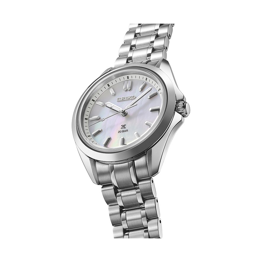 Seiko Damenuhr aus Edelstahl mit analoger Anzeige und Perlmutt-Zifferblatt.