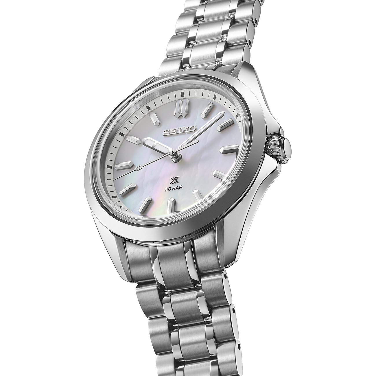 Seiko Damenuhr aus Edelstahl mit analoger Anzeige und Perlmutt-Zifferblatt.