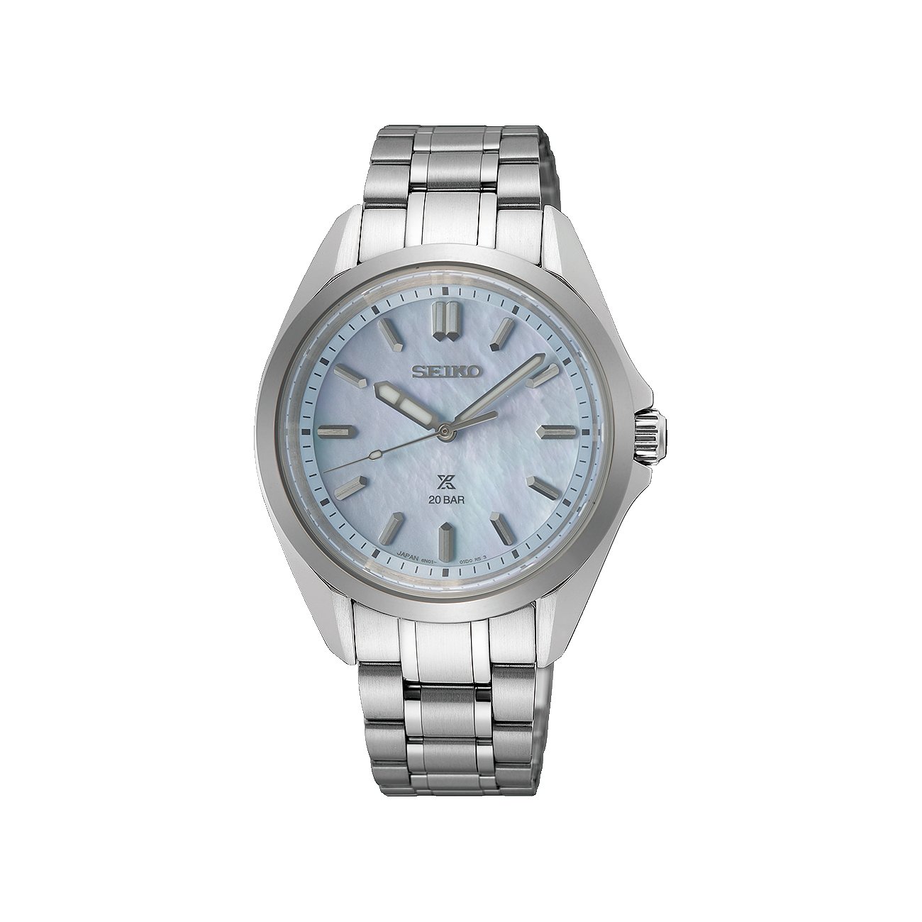 Seiko Damenuhr mit Edelstahlgehäuse, analog, hellblaues Zifferblatt.