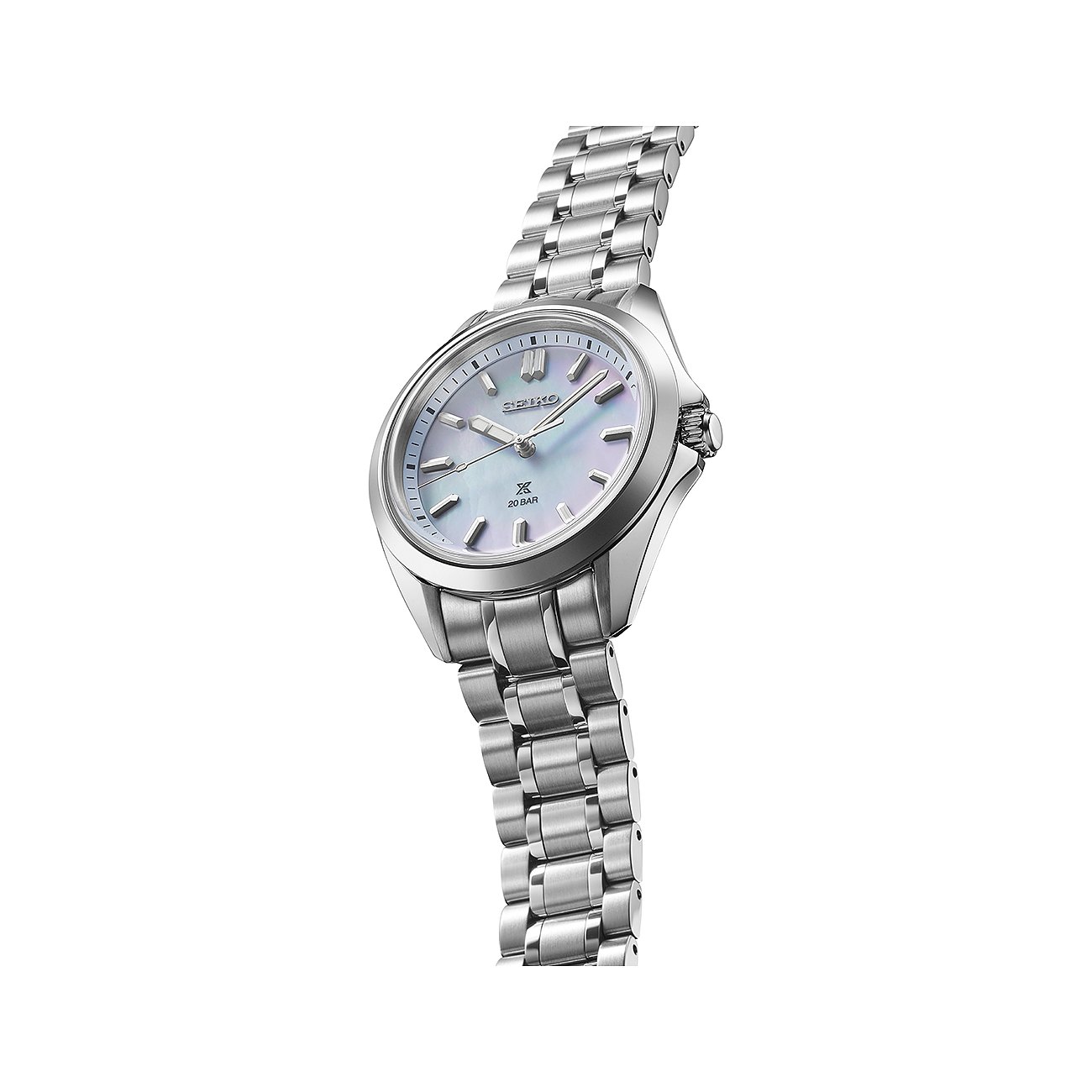 Seiko Damenuhr aus Edelstahl mit Perlmutt-Zifferblatt und silberfarbenem Armband.