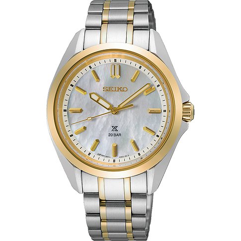 Seiko Damenuhr mit Edelstahlgehäuse, bicolor, mit Perlmuttzifferblatt und goldfarbenen Indizes.