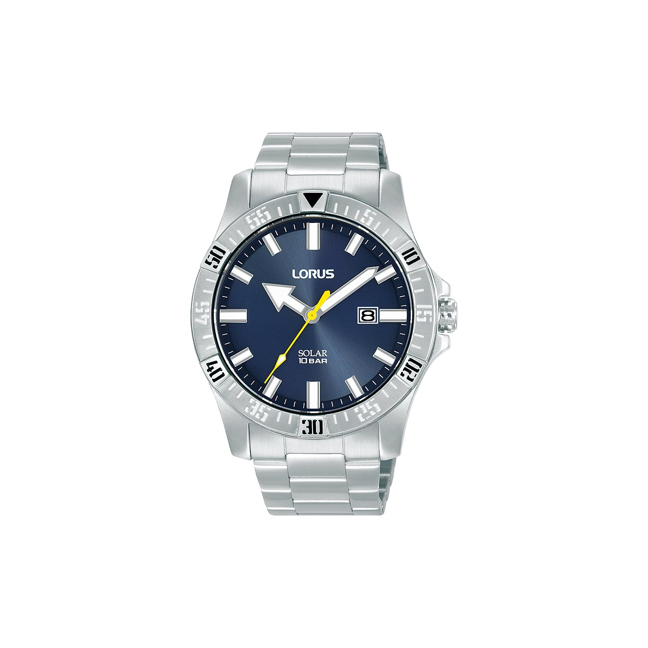 Orologio da uomo Lorus con cassa in acciaio inossidabile, quadrante blu e datario.