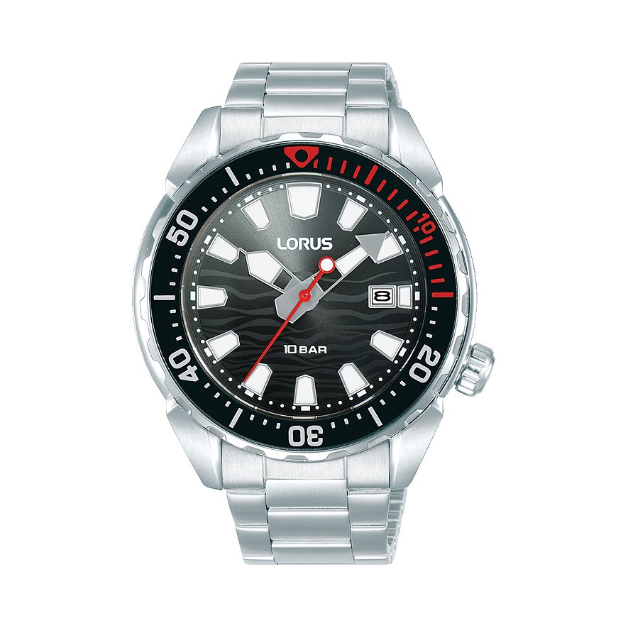 Montre Lorus pour homme avec boîtier en acier inoxydable, cadran noir et accents rouges.