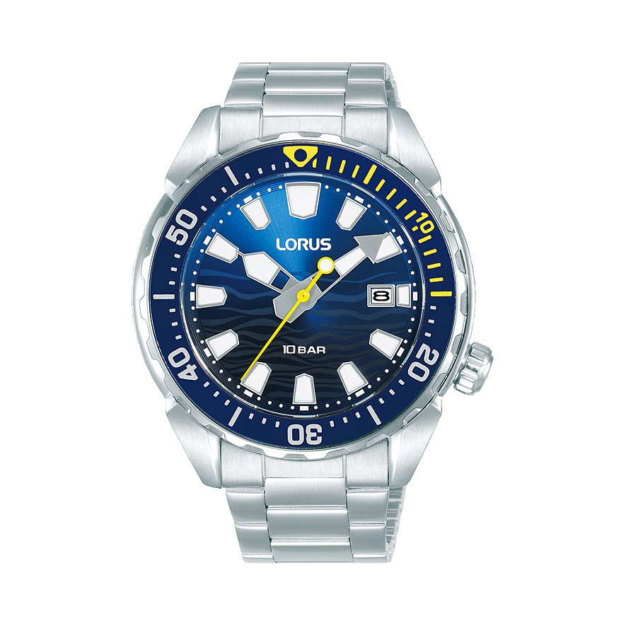 Lorus Herrenuhr mit Edelstahlgehäuse, blauem Zifferblatt und gelbem Sekundenzeiger.