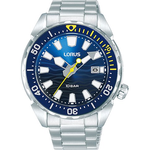 Montre Lorus pour homme avec boîtier en acier inoxydable, cadran bleu et aiguille des secondes jaune.