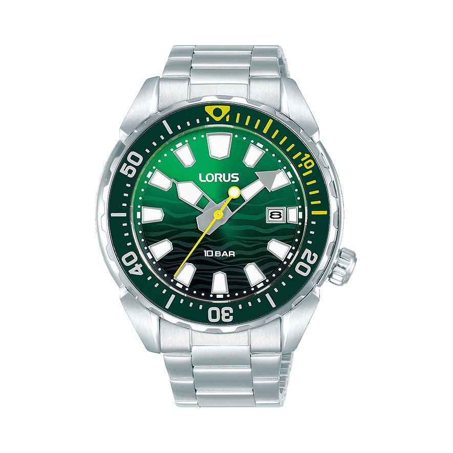Lorus Herrenuhr mit Edelstahlgehäuse, grünem Zifferblatt und silberfarbenem Armband.