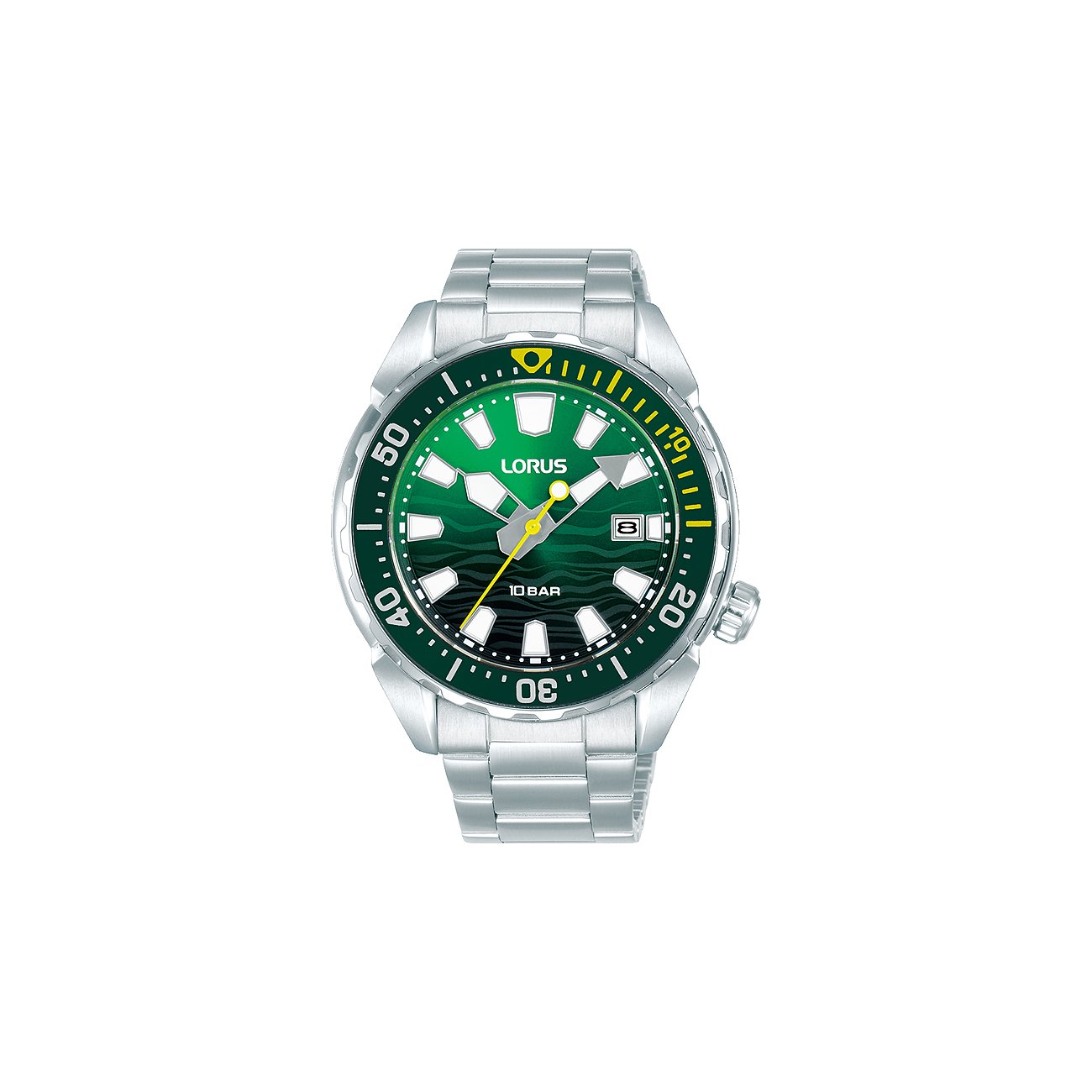 Lorus Herrenuhr mit Edelstahlgehäuse, grünem Zifferblatt und silberfarbenem Armband.