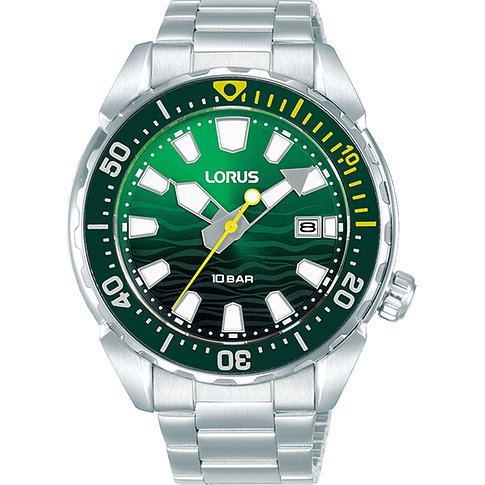 Montre Lorus pour homme avec boîtier en acier inoxydable, cadran vert et bracelet argenté.