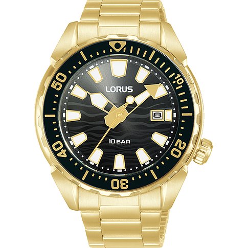 Lorus Herrenuhr mit Edelstahlgehäuse, goldfarben, analog, mit Datum.
