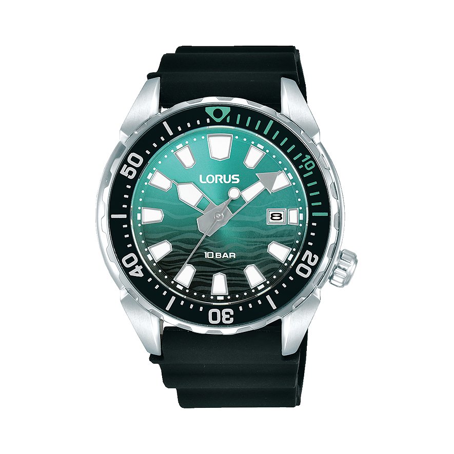 Lorus Herrenuhr mit Edelstahlgehäuse, analog, mit Datumsanzeige und Wellenmuster.