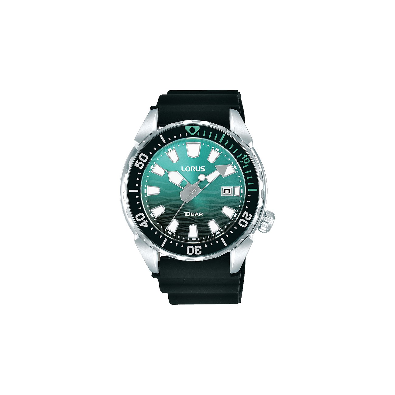 Lorus Herrenuhr mit Edelstahlgehäuse, analog, mit Datumsanzeige und Wellenmuster.