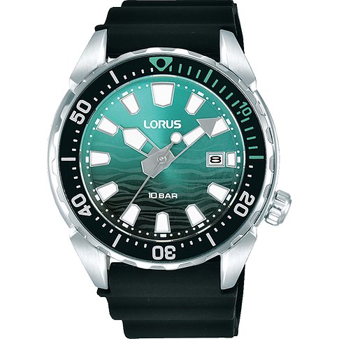 Montre Lorus pour homme avec boîtier en acier inoxydable, analogique, avec affichage de la date et motif ondulé.