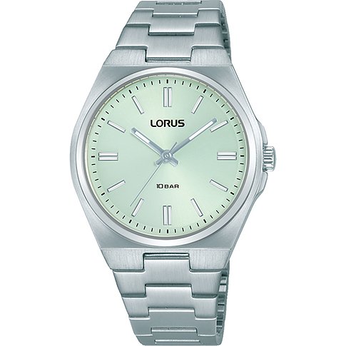 Montre Lorus pour femme en acier inoxydable avec cadran vert menthe et bracelet argenté.