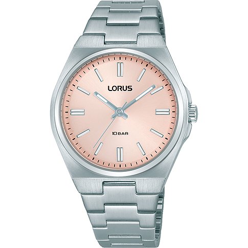 Montre Lorus pour femme avec boîtier en acier inoxydable et cadran rose.
