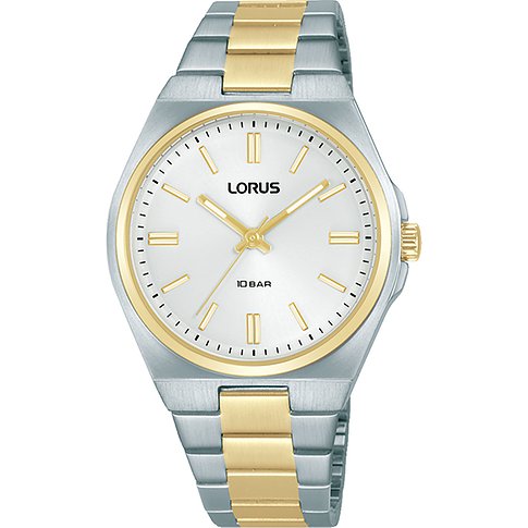 Montre Lorus pour femme en acier inoxydable, bicolore, avec cadran blanc et accents dorés.