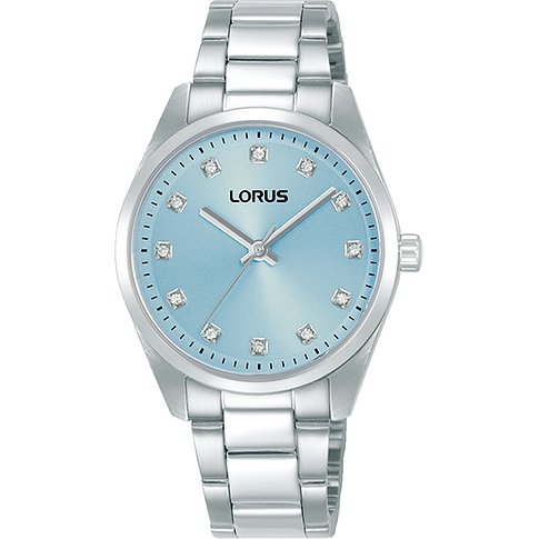 Montre Lorus pour femme en acier inoxydable avec cadran bleu et pierres de verre.