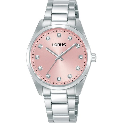 Montre Lorus pour femme en acier inoxydable avec cadran rose et pierres de verre.