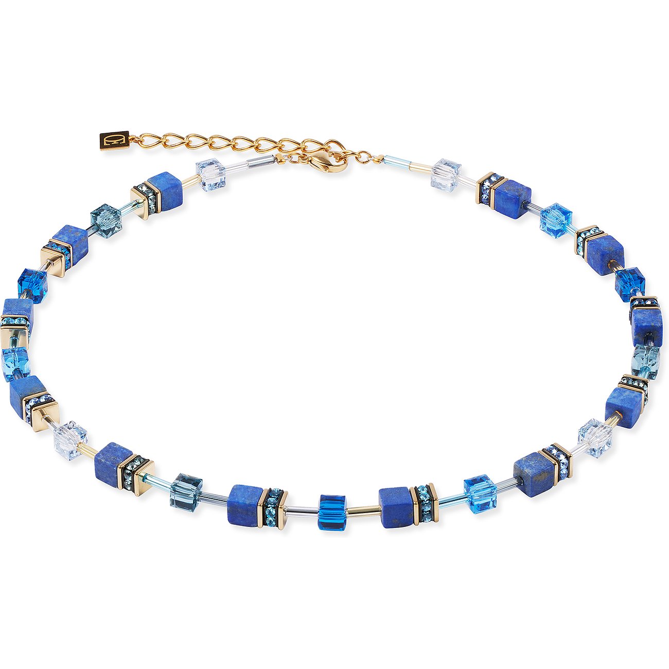 Coeur de Lion Halsschmuck aus Edelstahl mit Lapislazuli und blauen Kristallen.