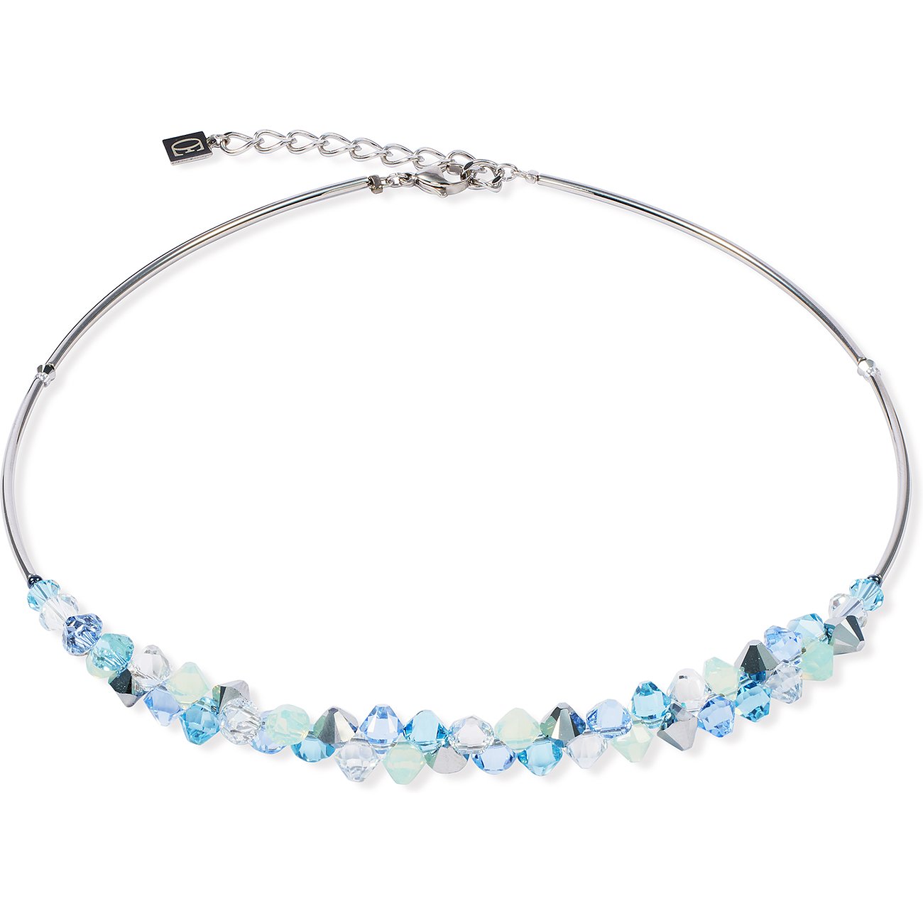 Coeur de Lion Halsschmuck aus Edelstahl mit blauen und weißen Kristallen.
