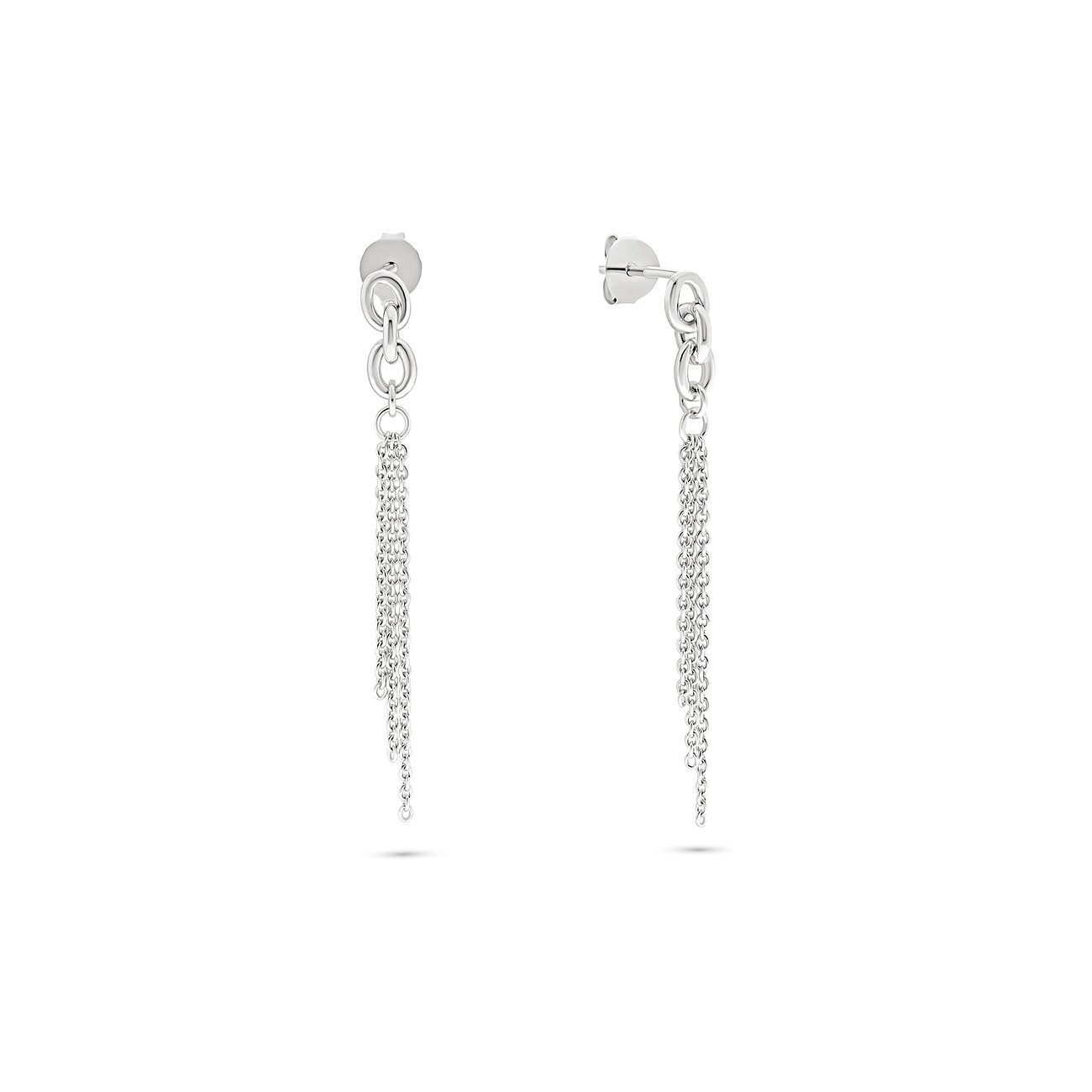 FAVS Ohrschmuck: Zwei silberne Ohrstecker aus 925er Silber mit mehreren herabhängenden Ketten.