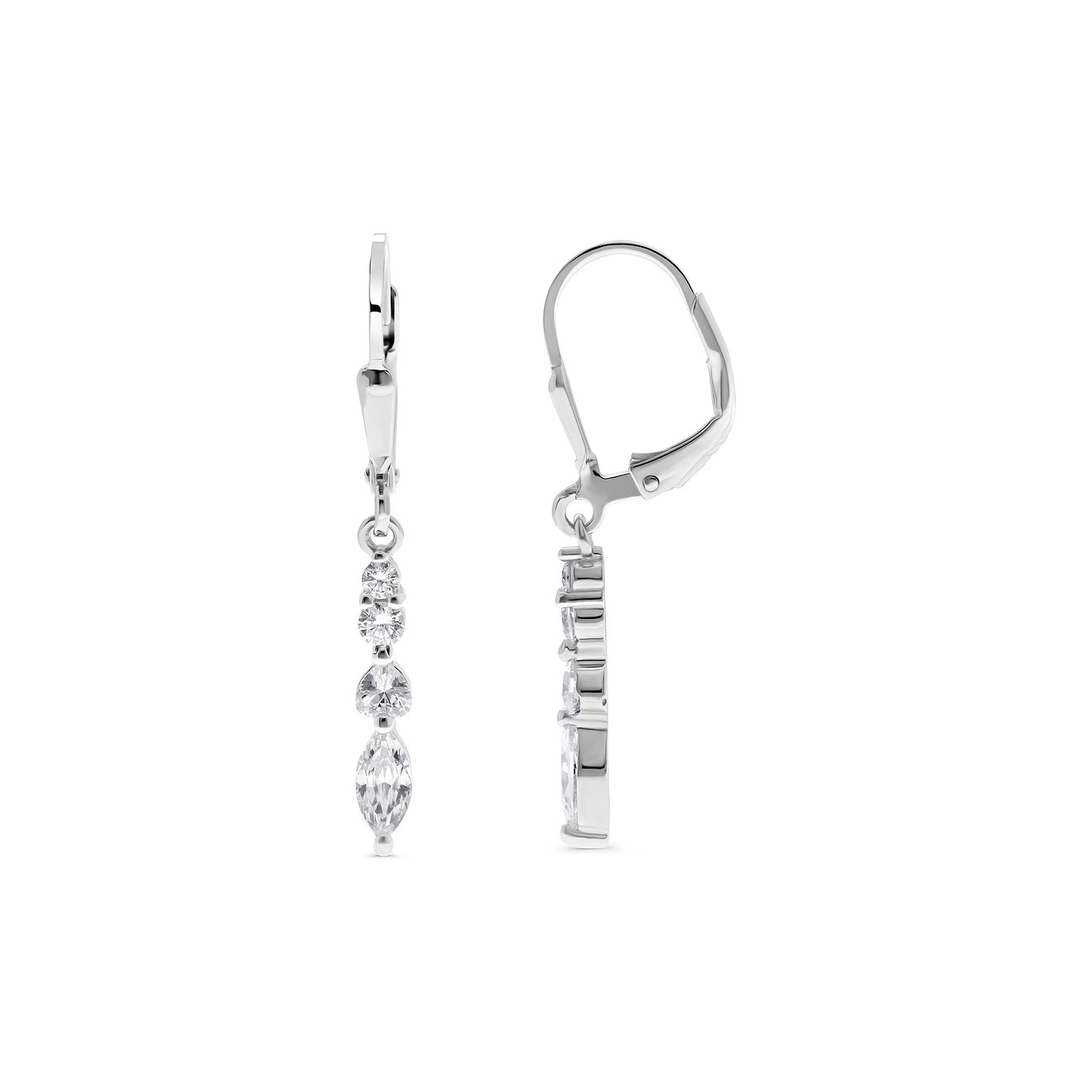 Ein Paar FAVS Ohrschmuck aus 925er Silber mit Zirkonia in verschiedenen Formen, die an Haken hängen.