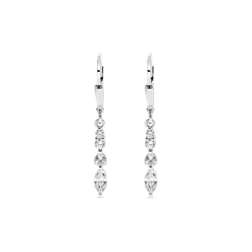 Ein Paar FAVS Ohrhänger aus Silber mit Zirkonia, mit drei runden, einem herzförmigen und einem tropfenförmigen Stein.