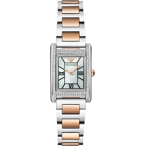 Emporio Armani Damenuhr mit Edelstahlgehäuse, bicolor, mit Kristallen besetzter Lünette.