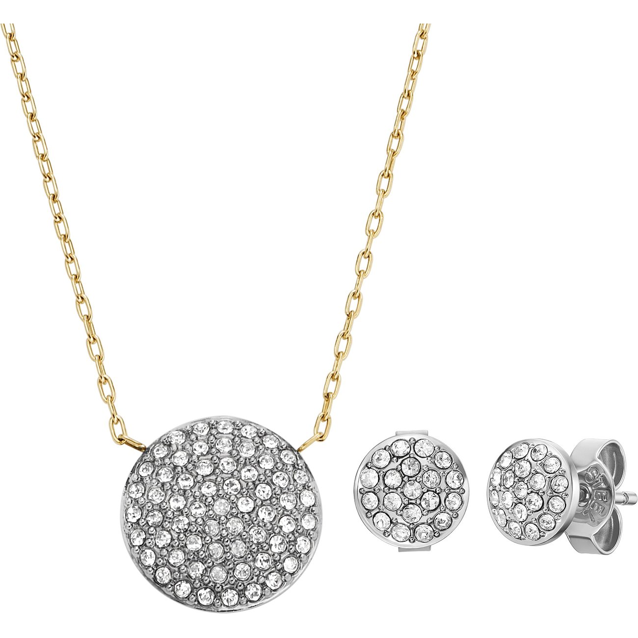 Fossil Schmuckset aus Edelstahl mit Glassteinen, runde Anhänger und Ohrstecker.