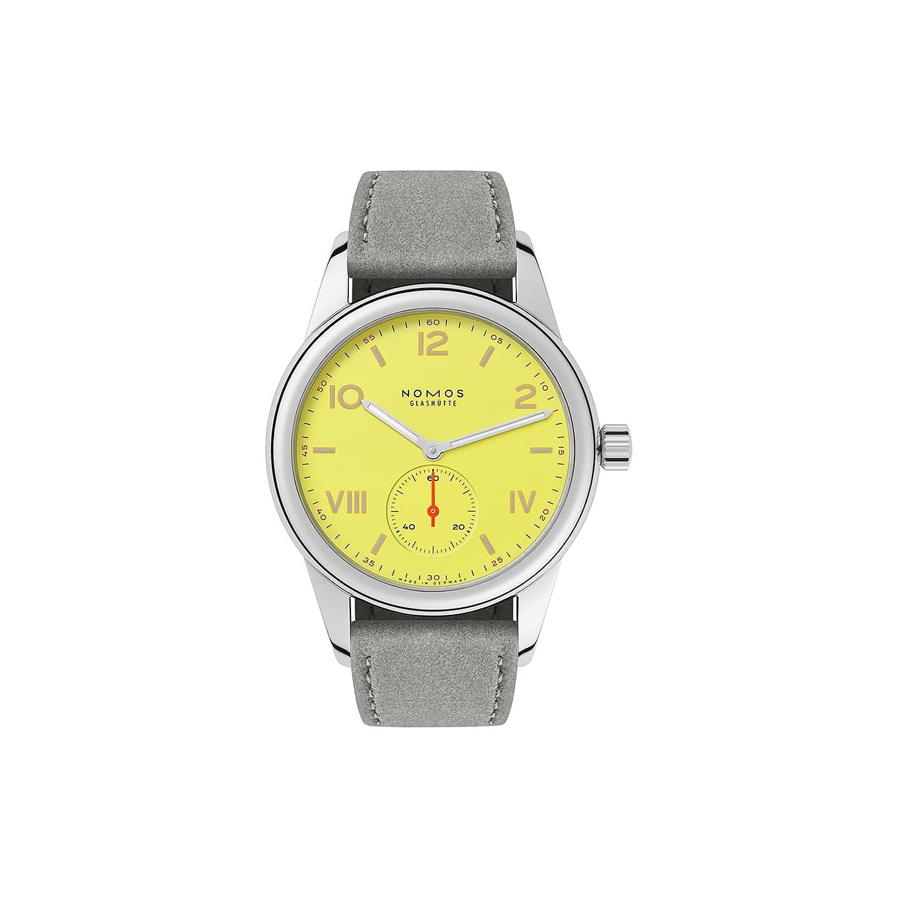 Nomos Glashütte Damenuhr mit Edelstahlgehäuse, gelbes Zifferblatt, analog.