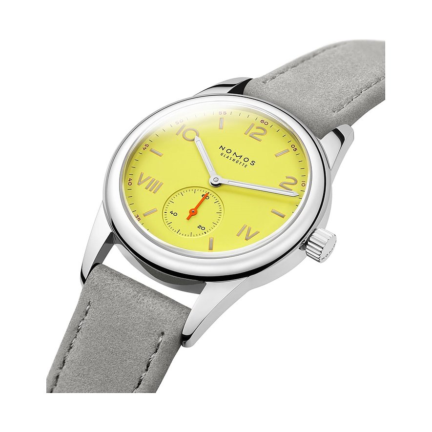 Nomos Glashütte Damenuhr mit Edelstahlgehäuse, gelbes Zifferblatt und kleiner Sekunde.