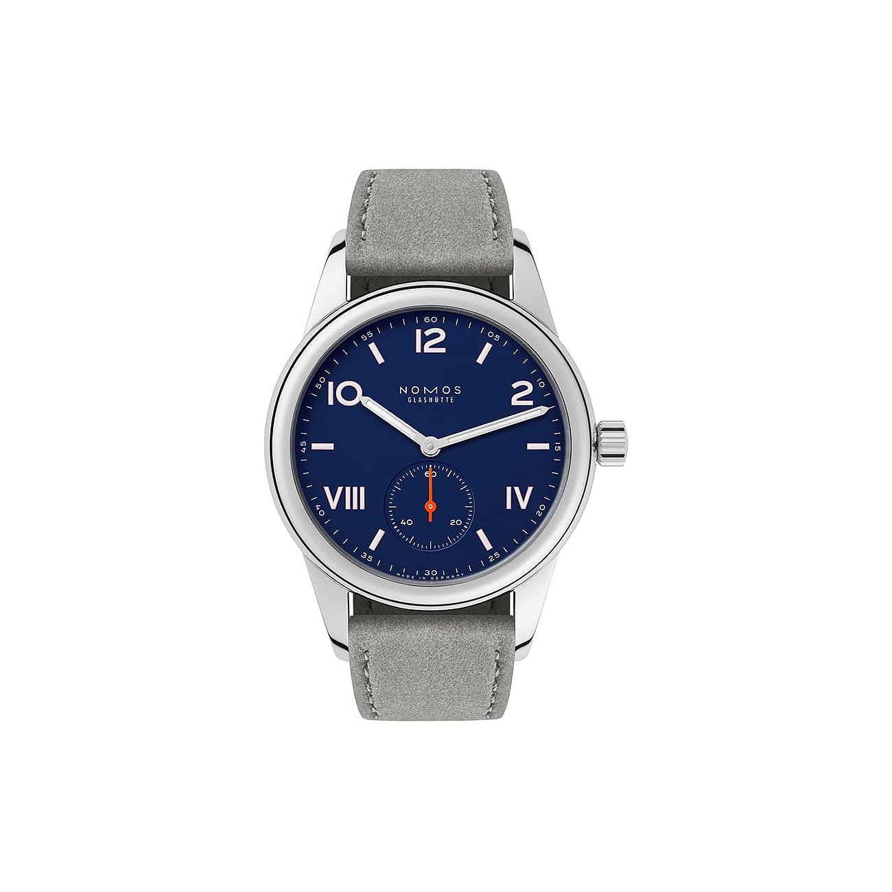 Nomos Glashütte Damenuhr mit Edelstahlgehäuse und blauem Zifferblatt.