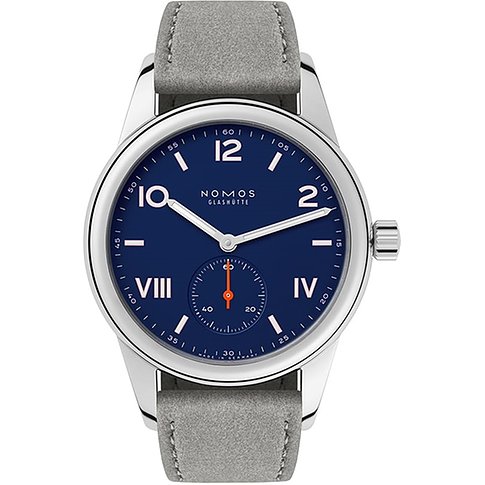 Nomos Glashütte Damenuhr mit Edelstahlgehäuse und blauem Zifferblatt.