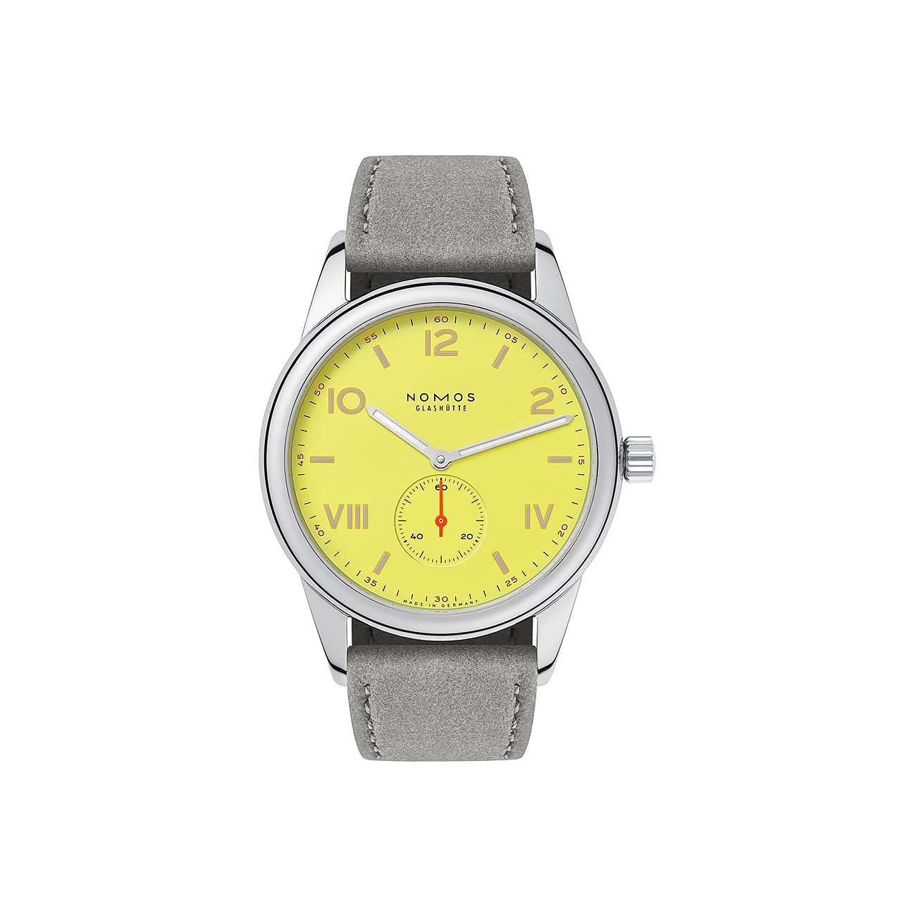 Nomos Glashütte Herrenuhr mit Edelstahlgehäuse, gelbes Zifferblatt, analog.