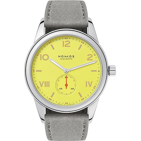 Nomos Glashütte Herrenuhr mit Edelstahlgehäuse, gelbes Zifferblatt, analog.