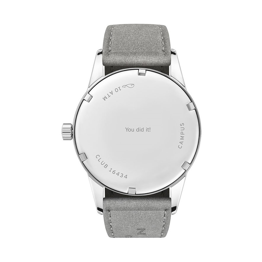 Nomos Glashütte Herrenuhr mit Edelstahlgehäuse, analog, graues Armband.